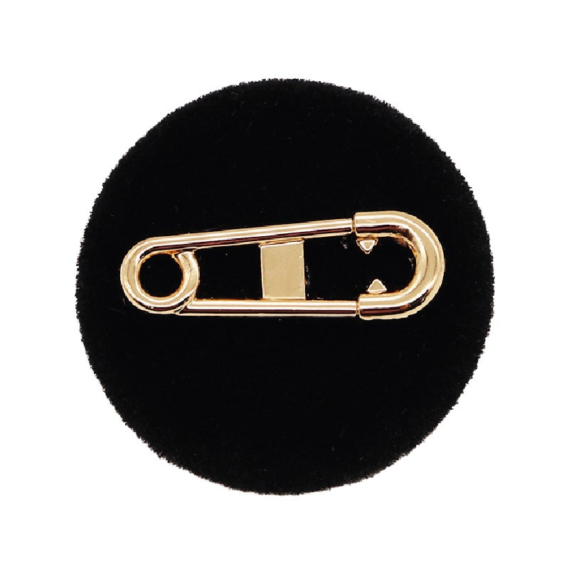Black flocked resin pin button, metal safety-pin back with clasp, 18/23mm