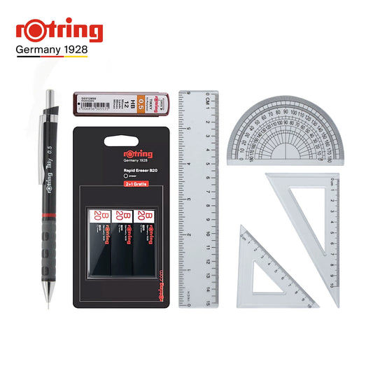 rOtring Tikky Mechanical Pencil Complete Set – 0.5mm Pencil + B20 Erasers + 0.5mm Lead Refills + 4-Piece Ruler Set Black