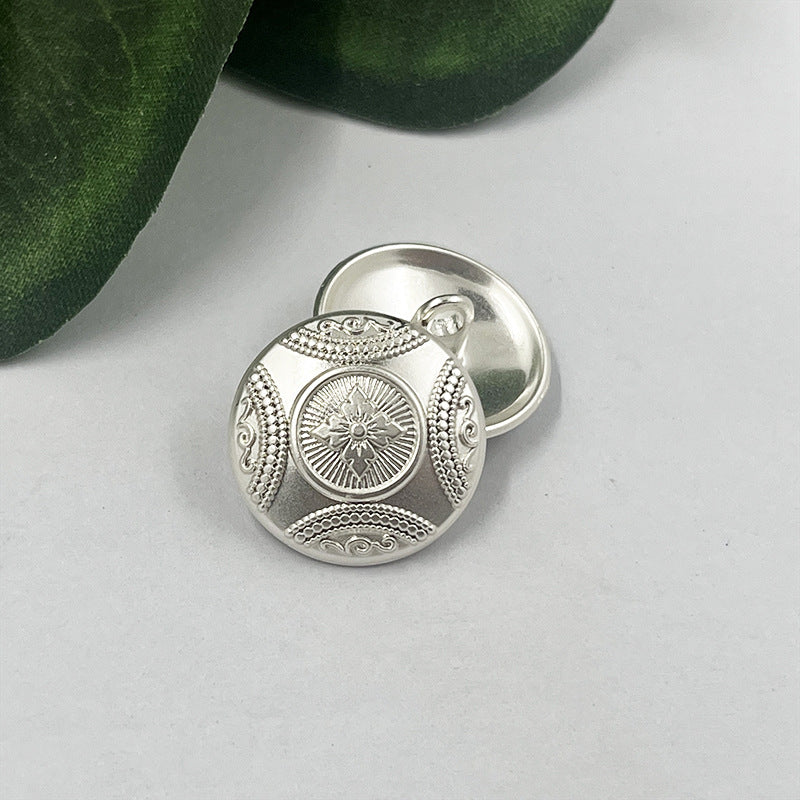 Silver flower metal shank button, round front with ornate border and central rosette