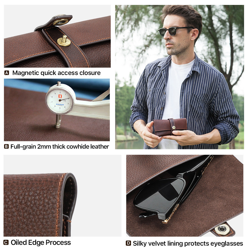 Full-Grain Leather Glasses Case – Handcrafted Magnetic Closure Sunglasses Storage Box