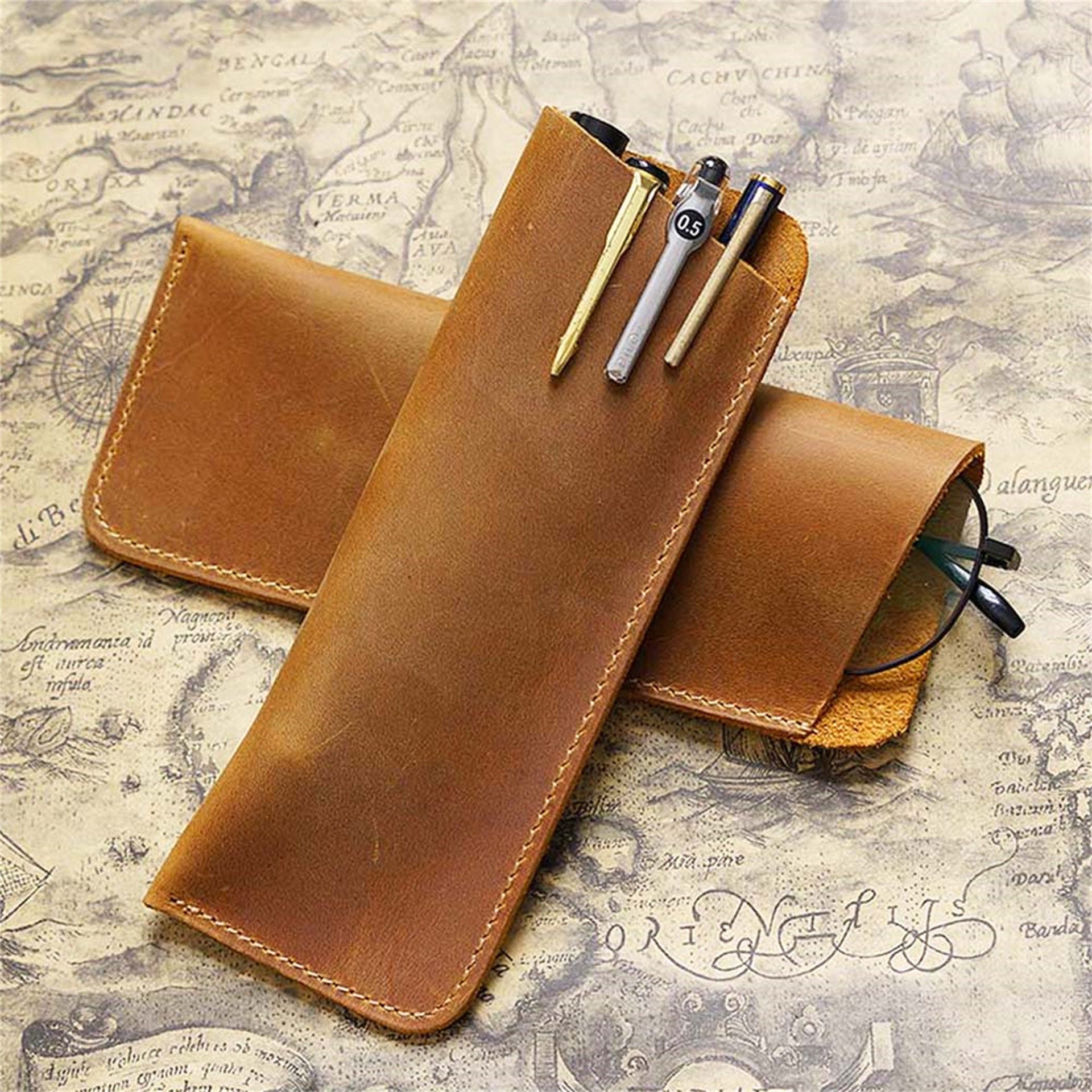 Vintage Crazy Horse Leather Pen Pouch Sleeve Eyeglasses Holder