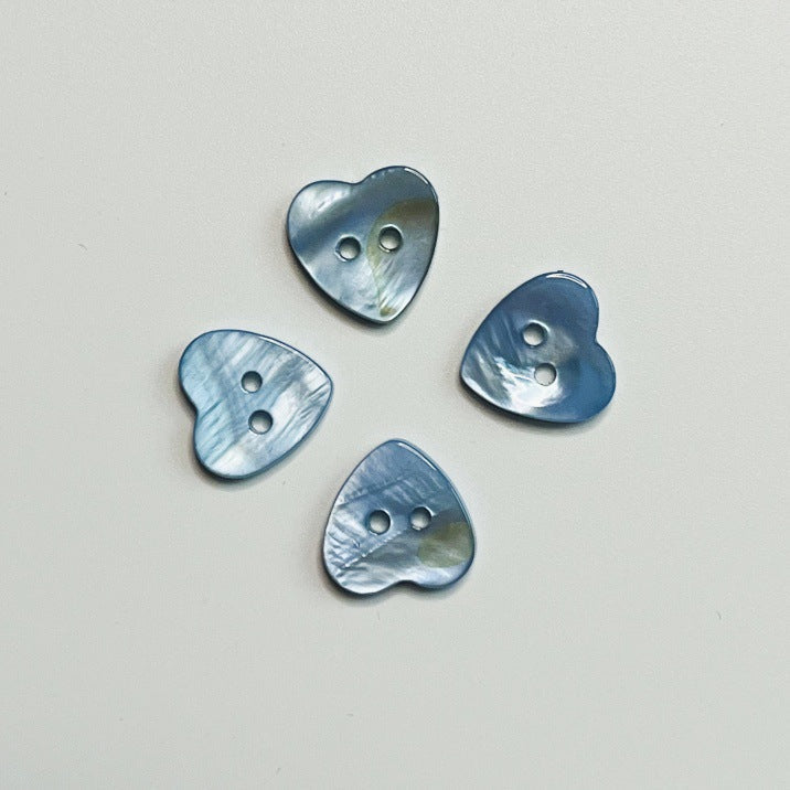 Blue heart-shaped natural river shell buttons with 2–3 holes, set of 60