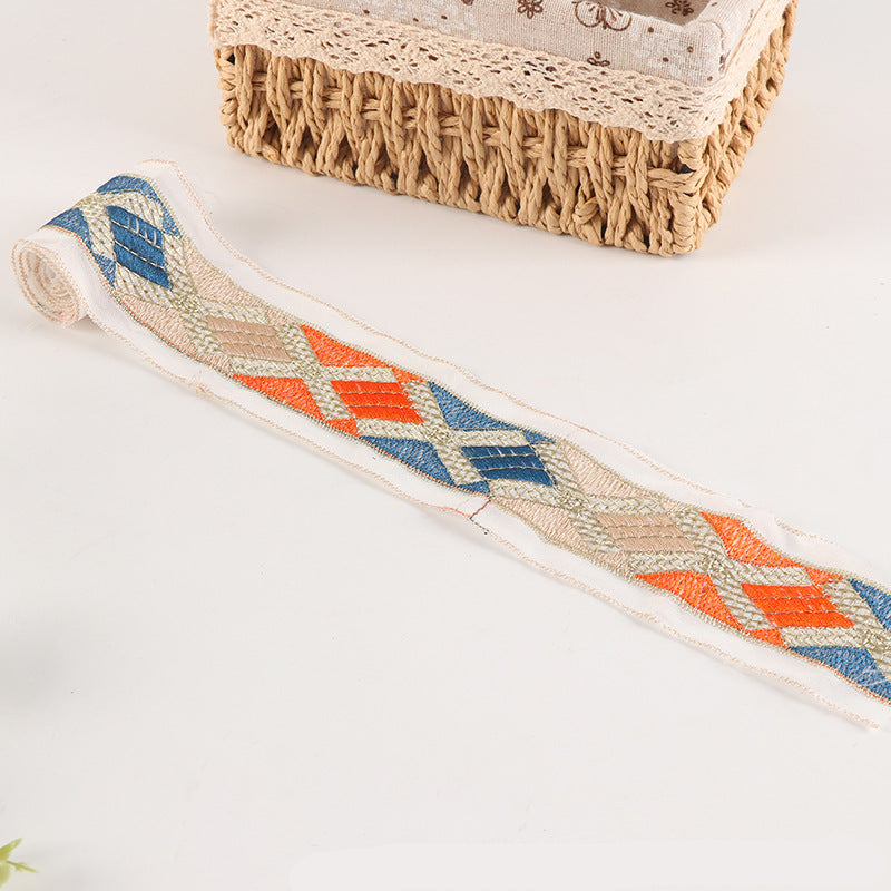 White mesh lace trim rolled, multicolor X diamond embroidery, 6cm wide