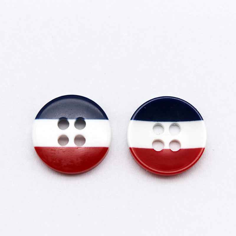 Striped resin buttons: dark blue-white-red, 4 holes, 18/20mm.