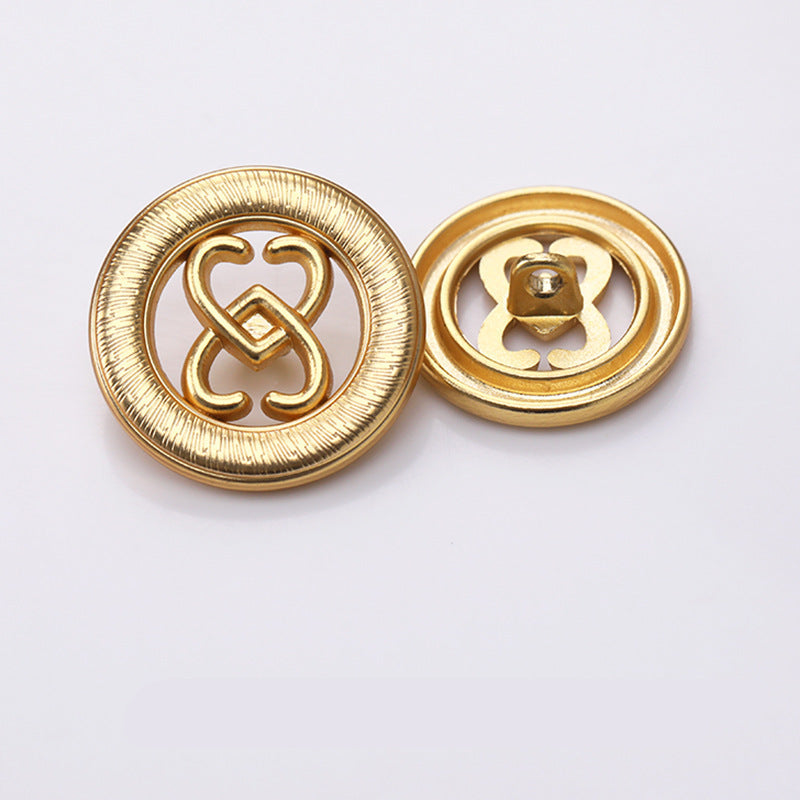Gold round double-heart hollow cutout metal shank button, front and back view