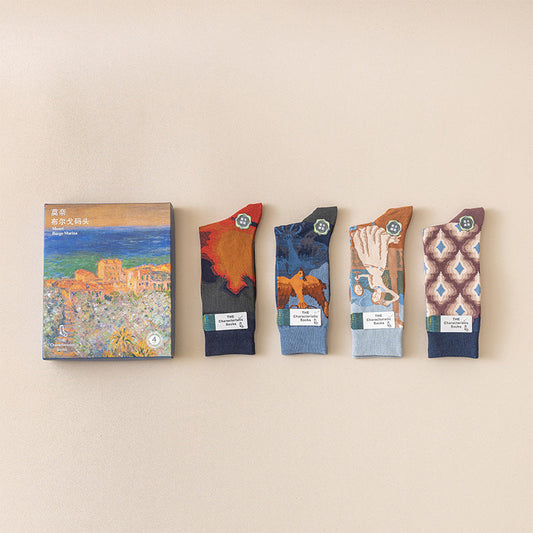 Monet Series Oil Painting Cotton Socks – 4-Pack for Women Bougainville Wharf