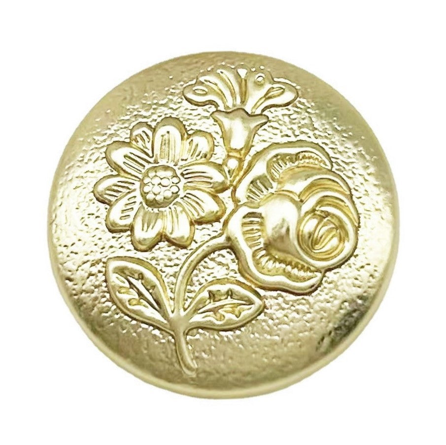 Gold round metal shank button with embossed three-flower and rose motif