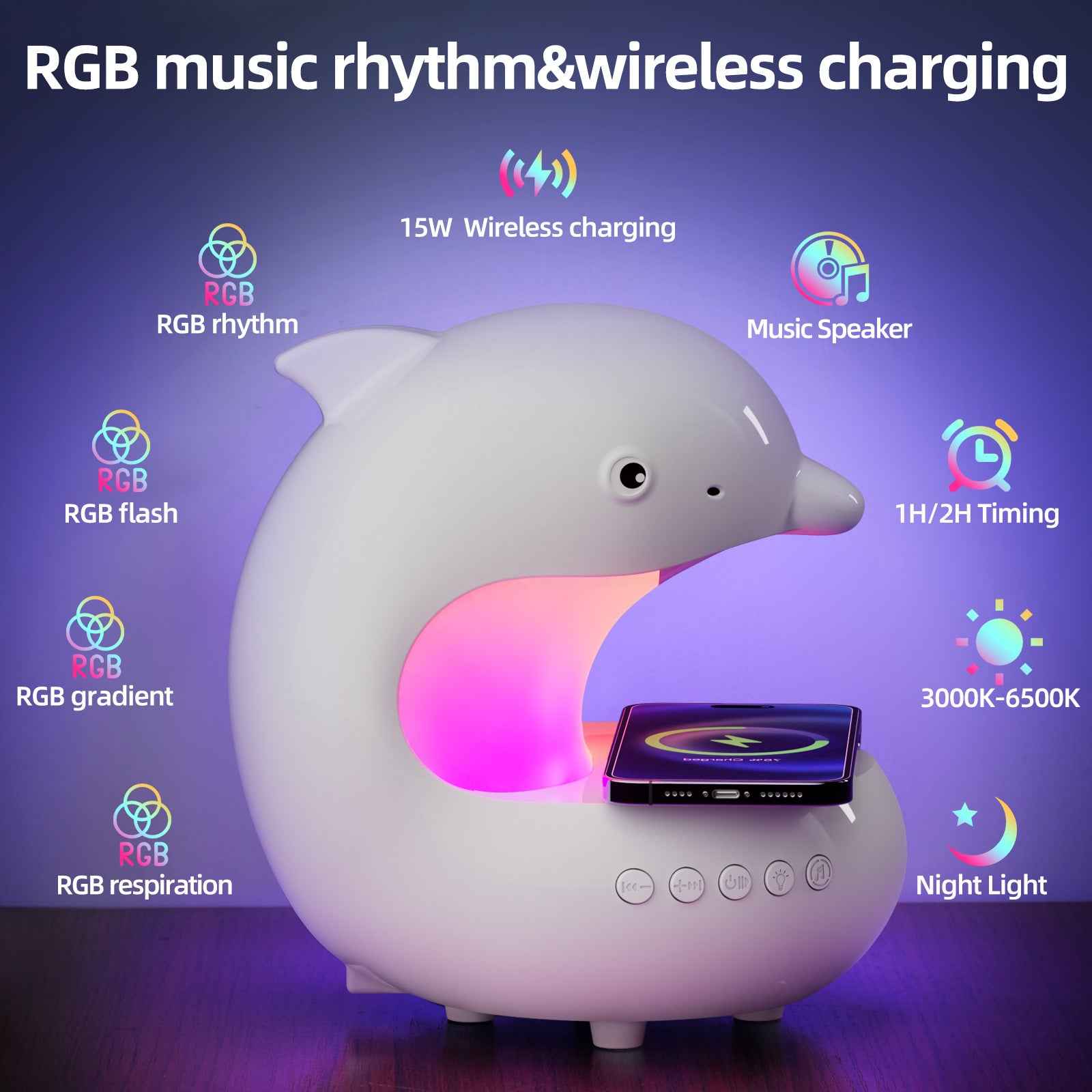 Dolphin Night Light with Wireless Charger & Bluetooth Speaker