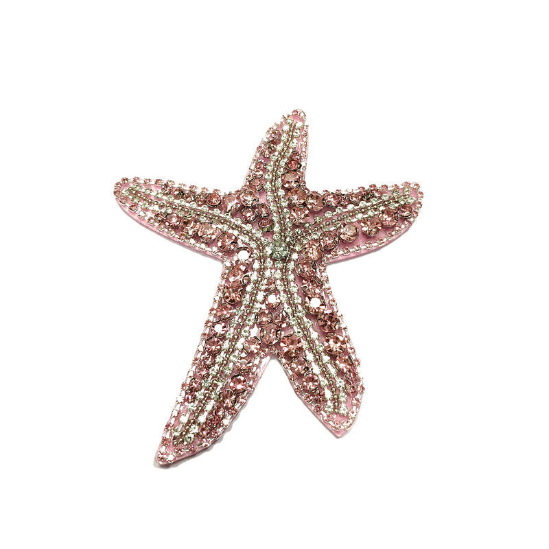 Rose-pink and silver rhinestone starfish patch, embroidered beading