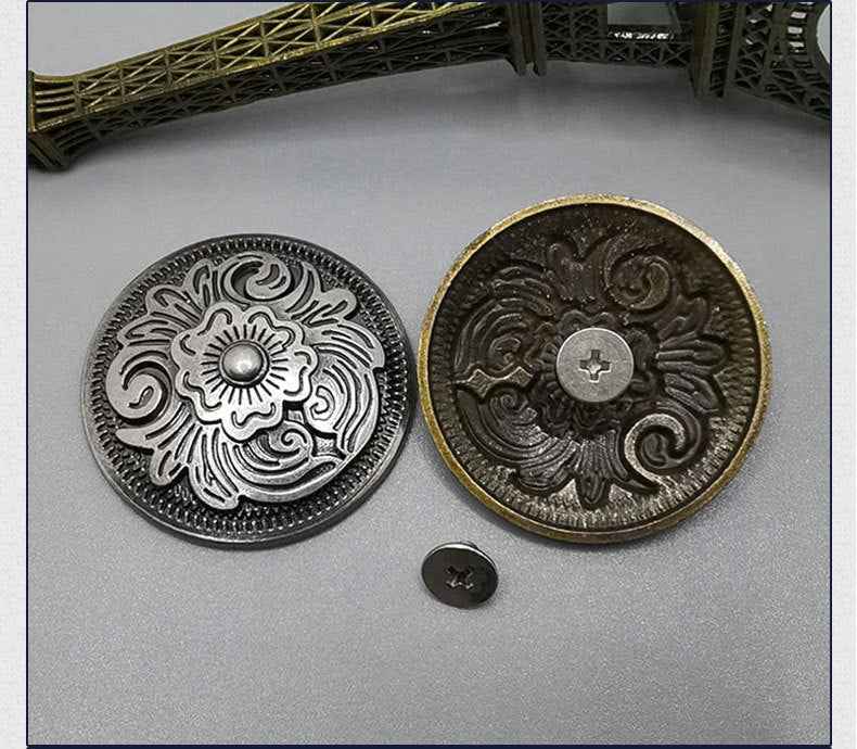 Antique silver and bronze round stud buttons with arabesque screw-back studs