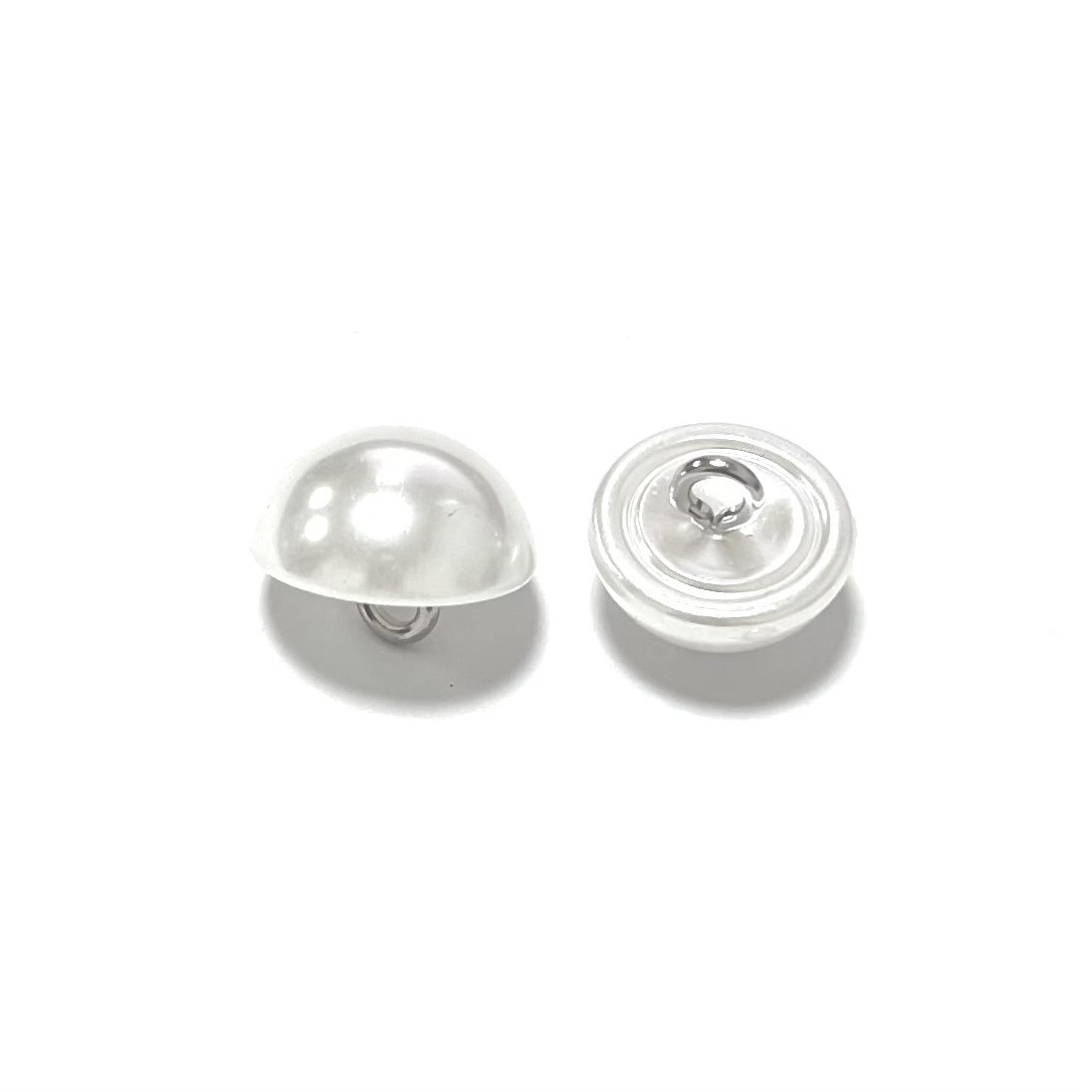 Pearl-silver plastic mushroom button pair: domed top and ridged underside