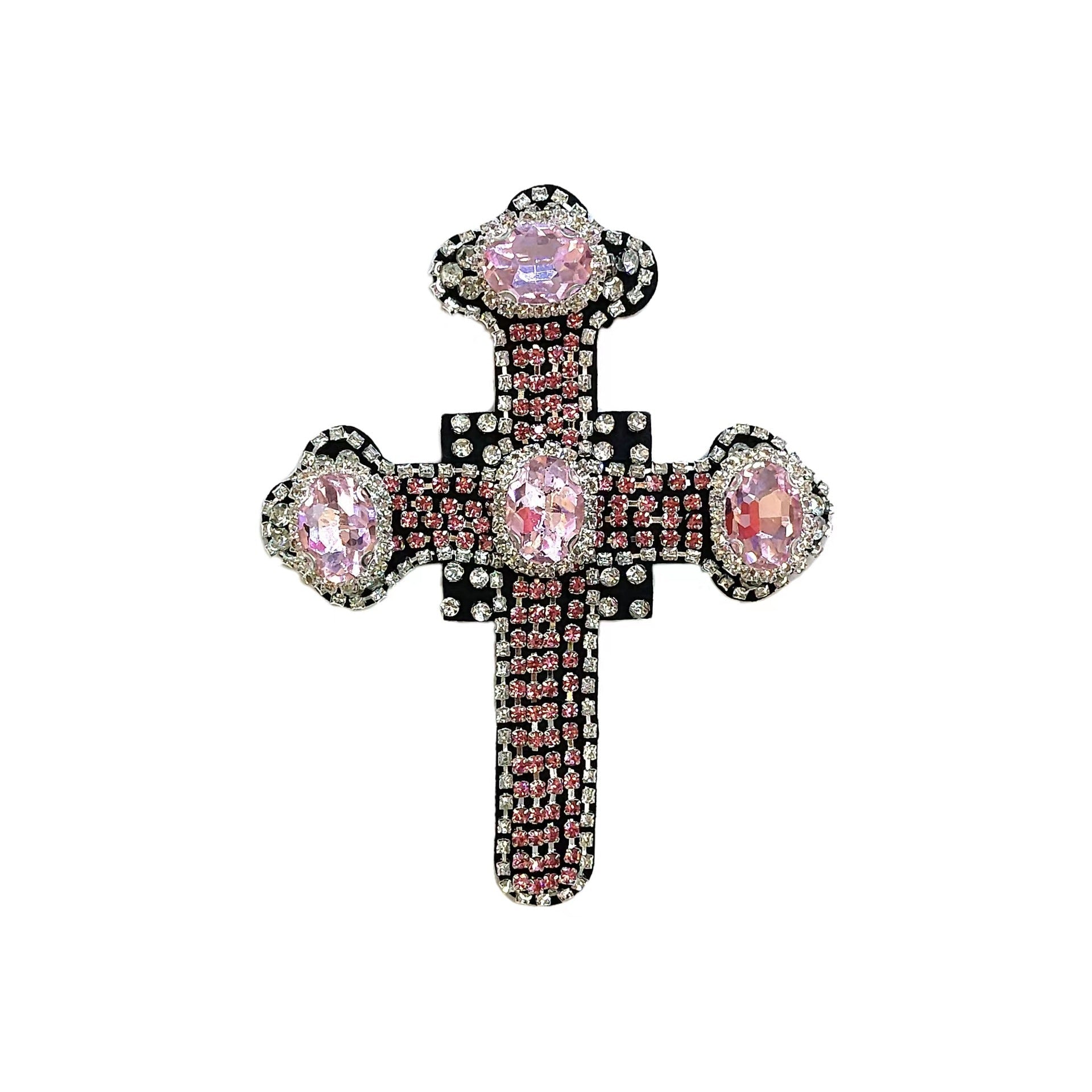 Beaded cross patch with pink rhinestone centers and red beadwork on black.