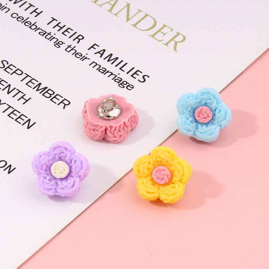 Light blue flower plastic buttons, 13mm; pink centers, silver shank