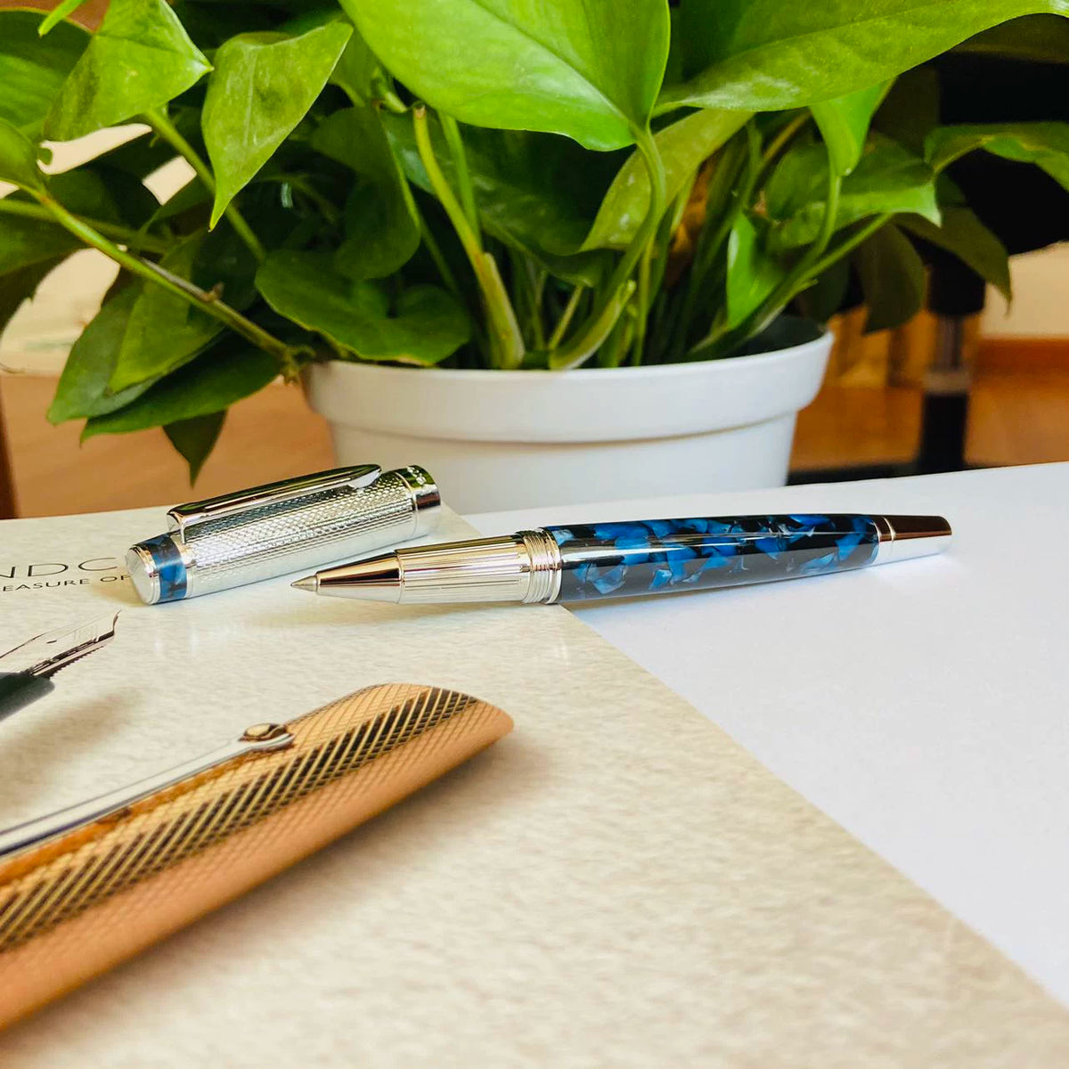 Vintage-Style Rollerball Pen, 0.6mm, Schmidt 888 F Black Ink Blue