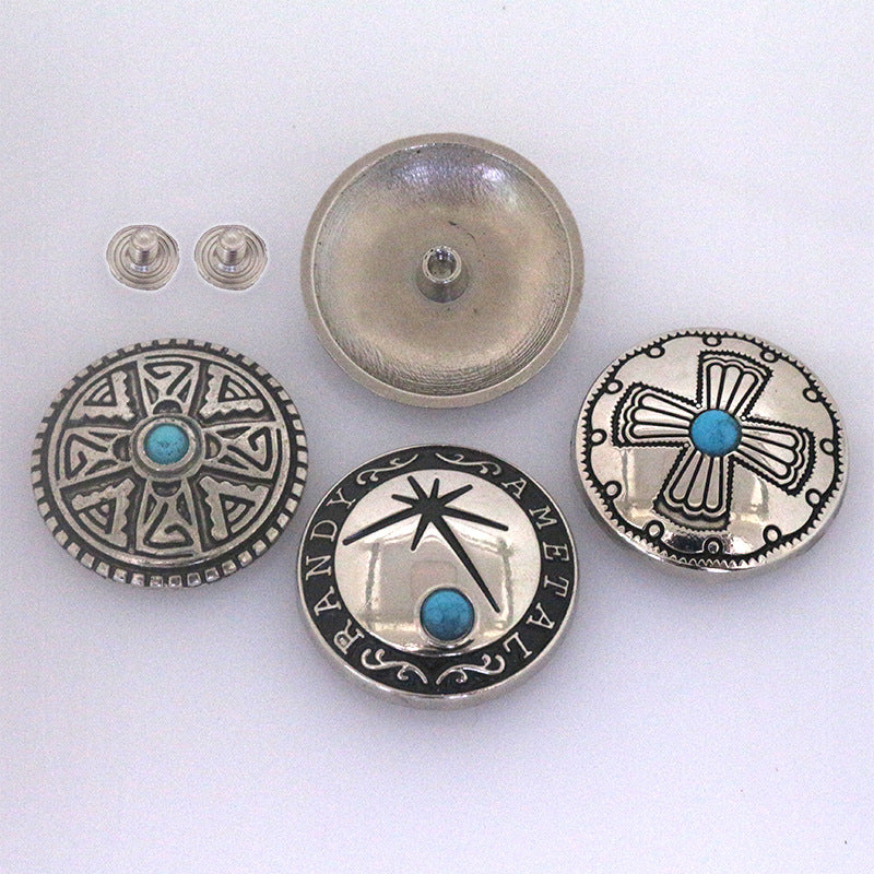 Turquoise metal stud buttons with round designs, screw backs, and 2 loose fasteners