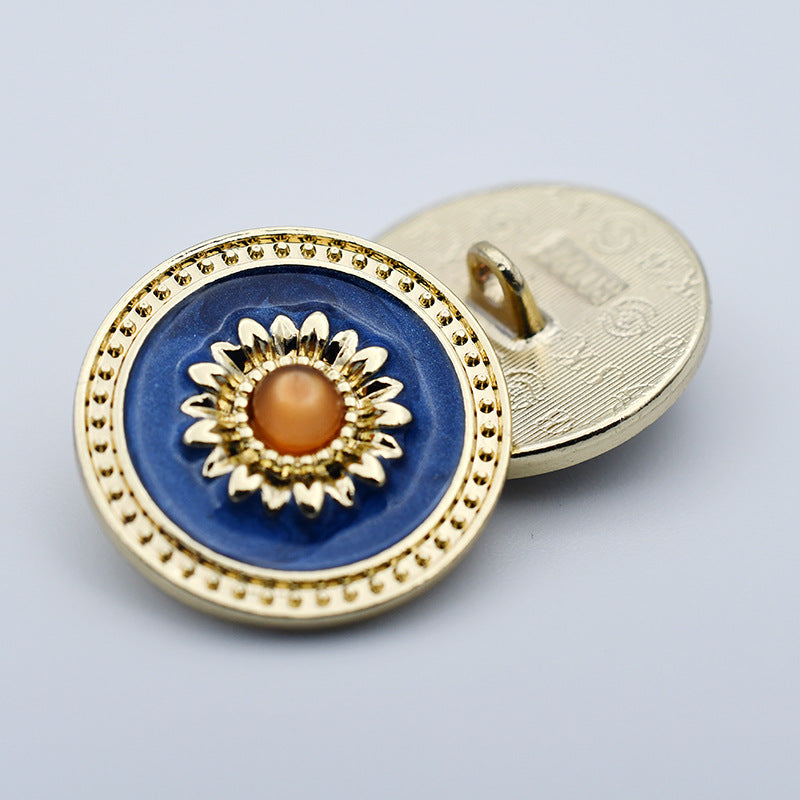 20mm runde Metallknöpfe mit Sonnenblume, blauem Einsatz, Metall-Öse