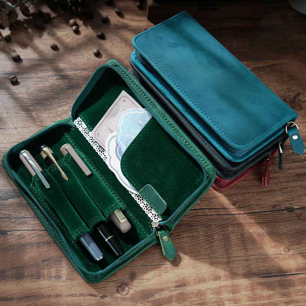 Crazy Horse Leather Fountain Pen Pouch Full-Grain Cowhide Zipper Case