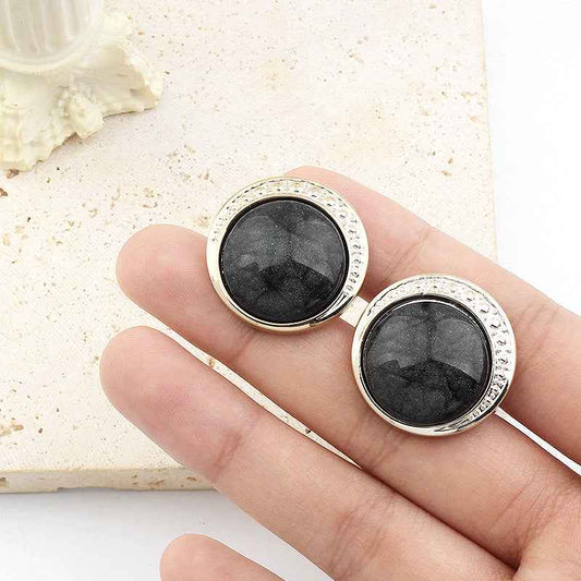 Round resin shank buttons, black color, silver rim with detail, on long shanks