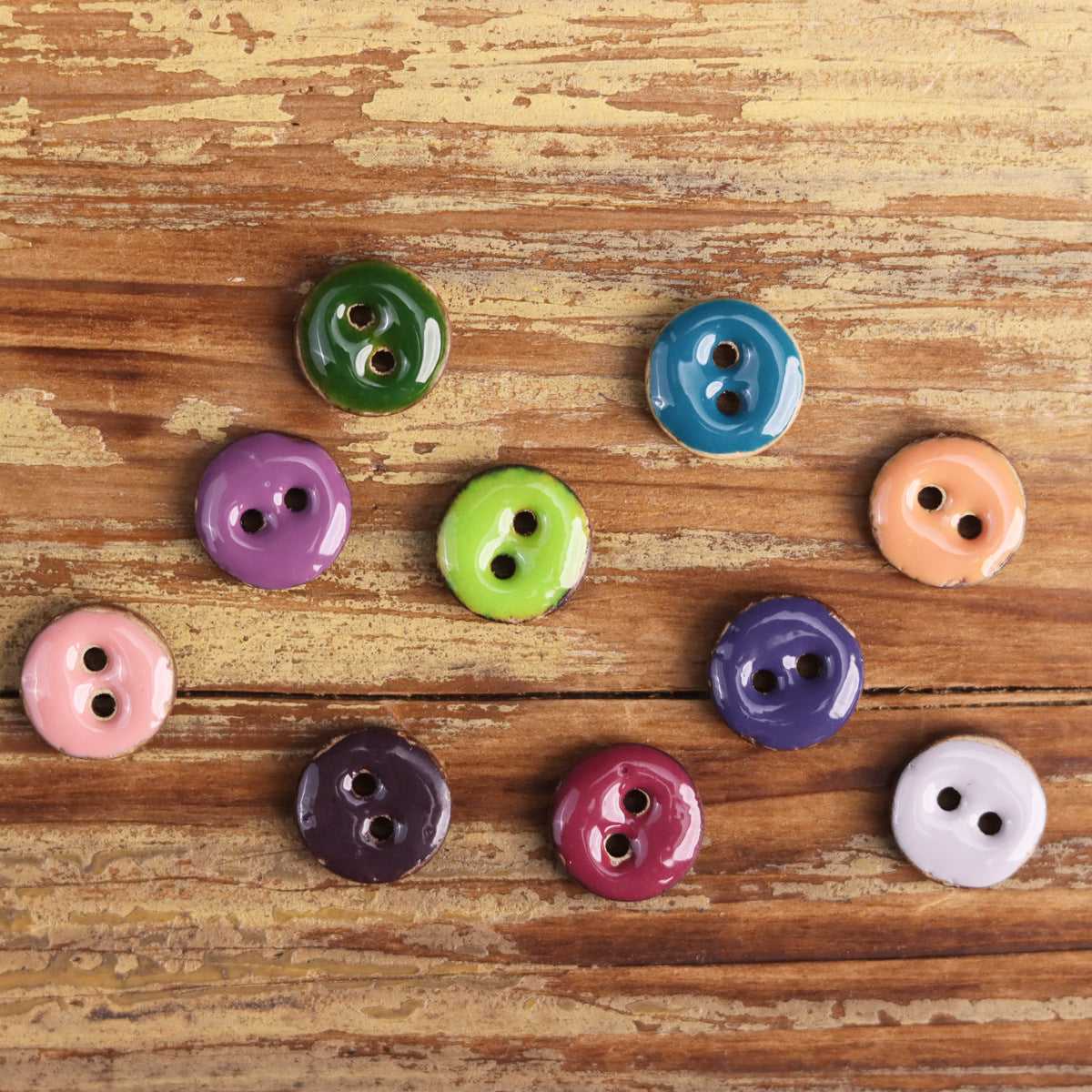 Coconut shell oil-drop round 2-hole buttons, assorted green, blue, pink, purple, white, orange