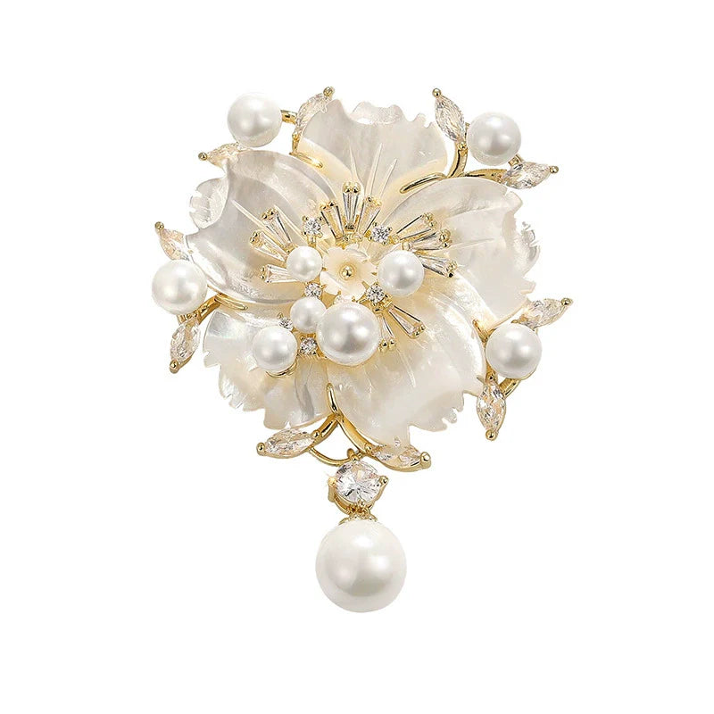 Camellia shell pearl brooch: white petals, gold-tone setting, pearls and zirconia center