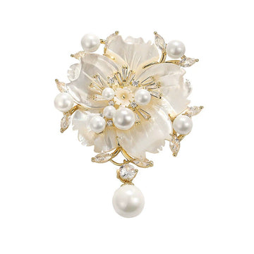 Camellia shell pearl brooch: white petals, gold-tone setting, pearls and zirconia center