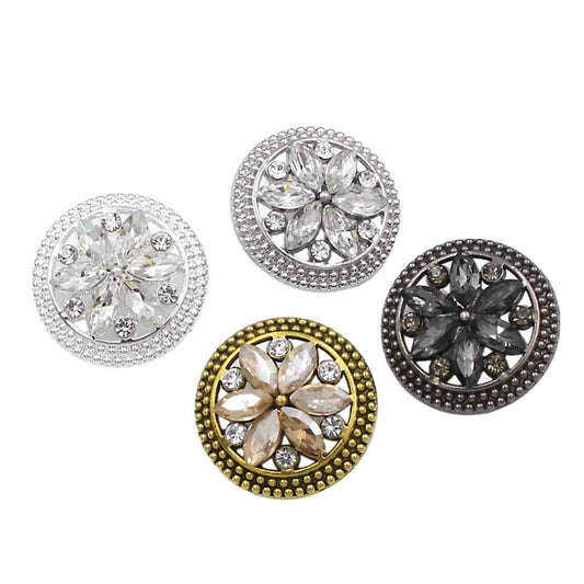 Vintage round crystal flower buttons: silver, gunmetal & bronze, 12 pcs set