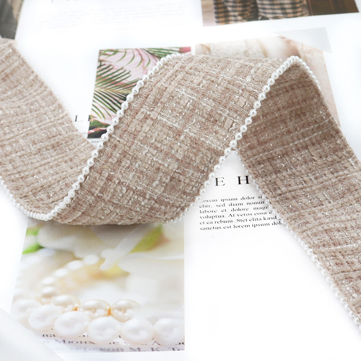 Natural beige checkered flannel ribbon with white bead edge, 38mm wide