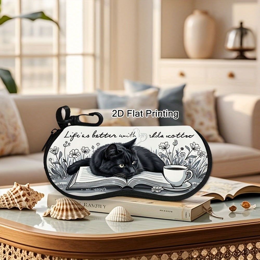 Coffee Cup & Black Cat Glasses Case Eyewear Pouch with Keychain 2pcs