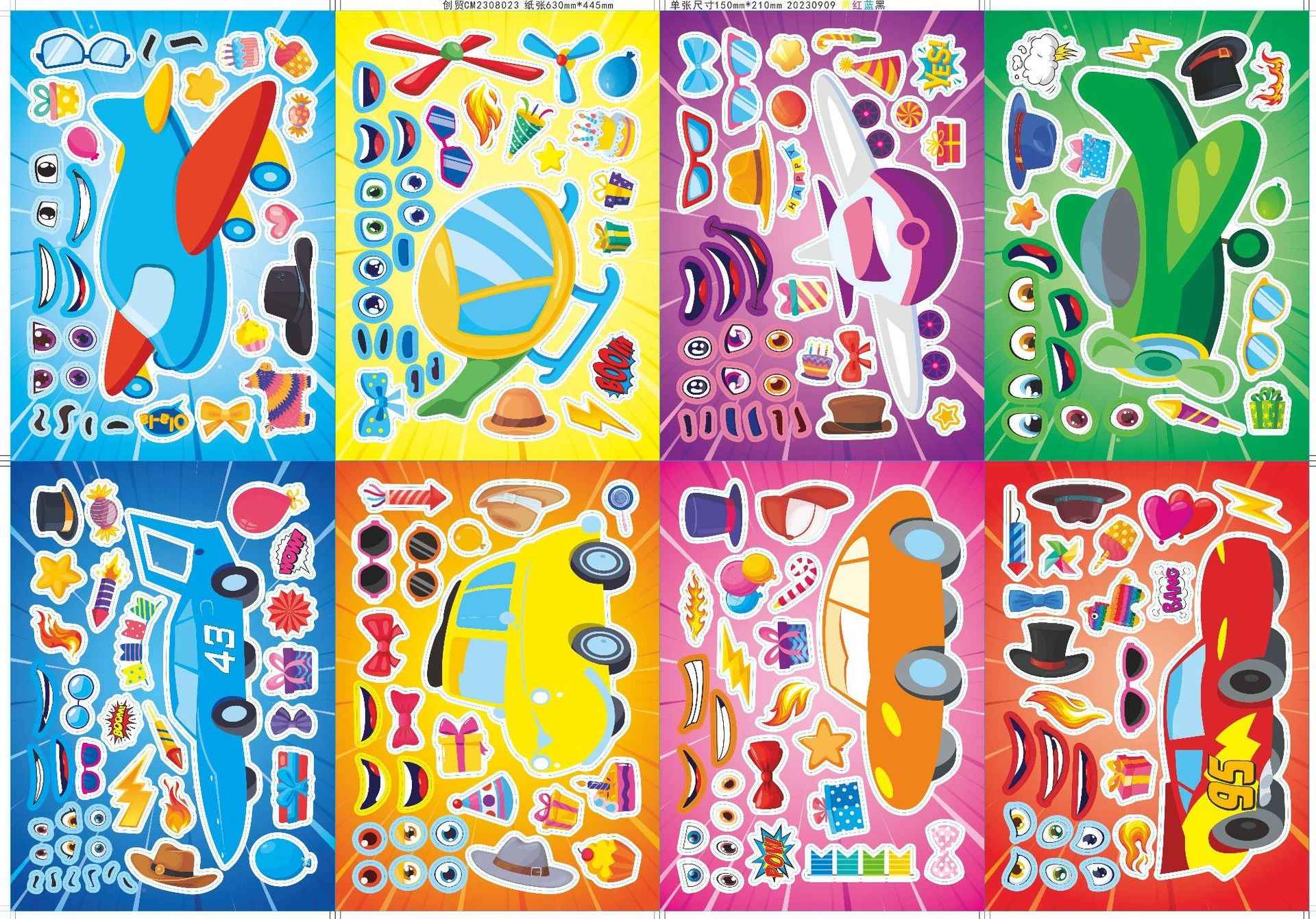 Make a Face Cartoon Race Car and Airplane Stickers for Kids 24 Sheets