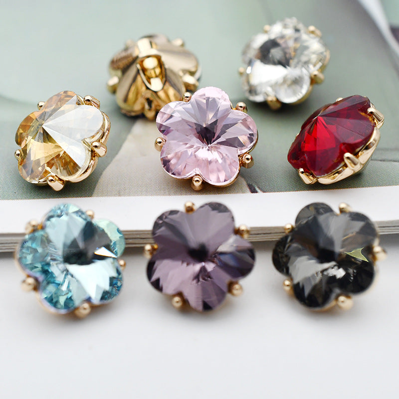 Small flower glass rhinestone shank buttons, mixed champagne, pink, red, blue, purple, dark tones