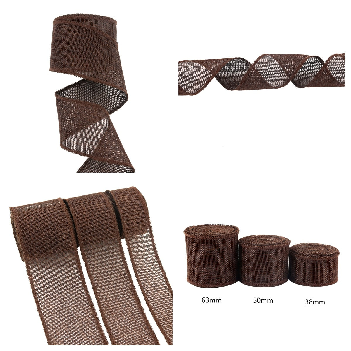 Cinta de algodón para jardinería, pack de 3, marrón oscuro, rollos 38/50/63 mm