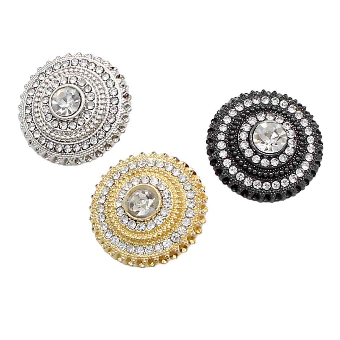 Round metal shank buttons set: silver, black, and gold rhinestone centers