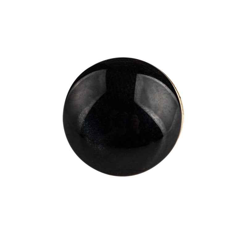 Black round resin button with metal backing and shank