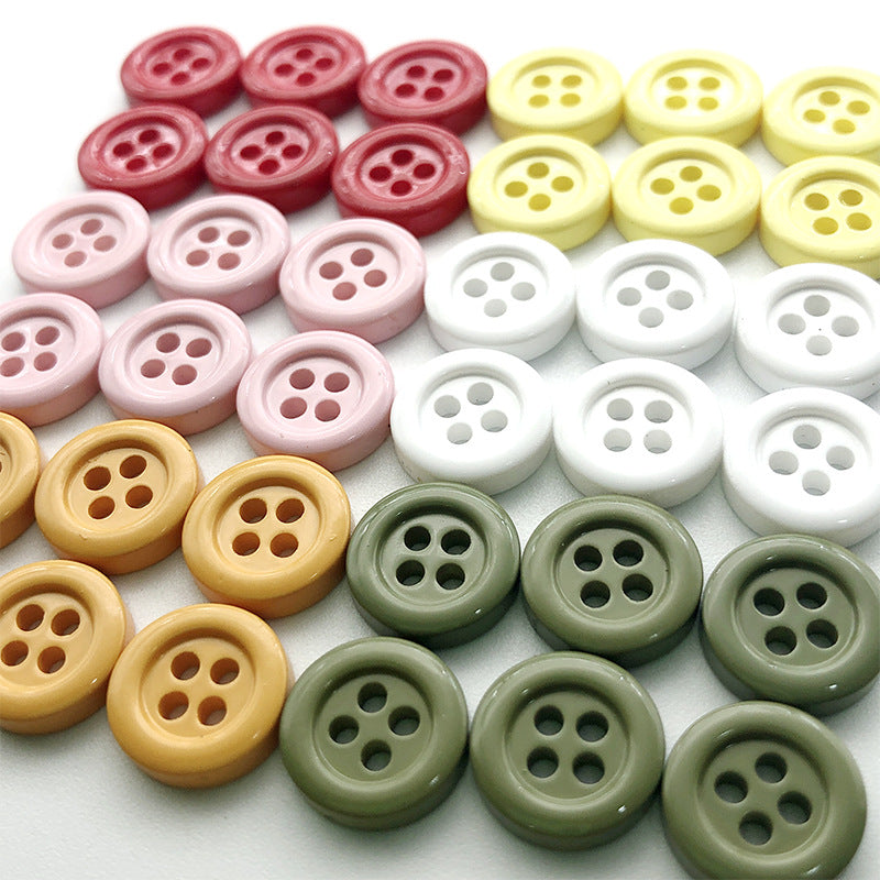 11.5mm round four-hole buttons, assorted pink, red, yellow, white, green shades.