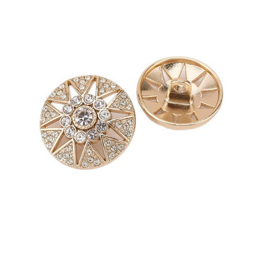 Hollow star crystal metal shank button, antique gold tone, front & back detail.