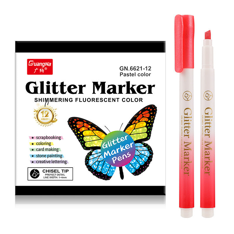 Glitter Marker Highlighters,12 Pastel Colors,School Supplies,Round/Chisel Tip