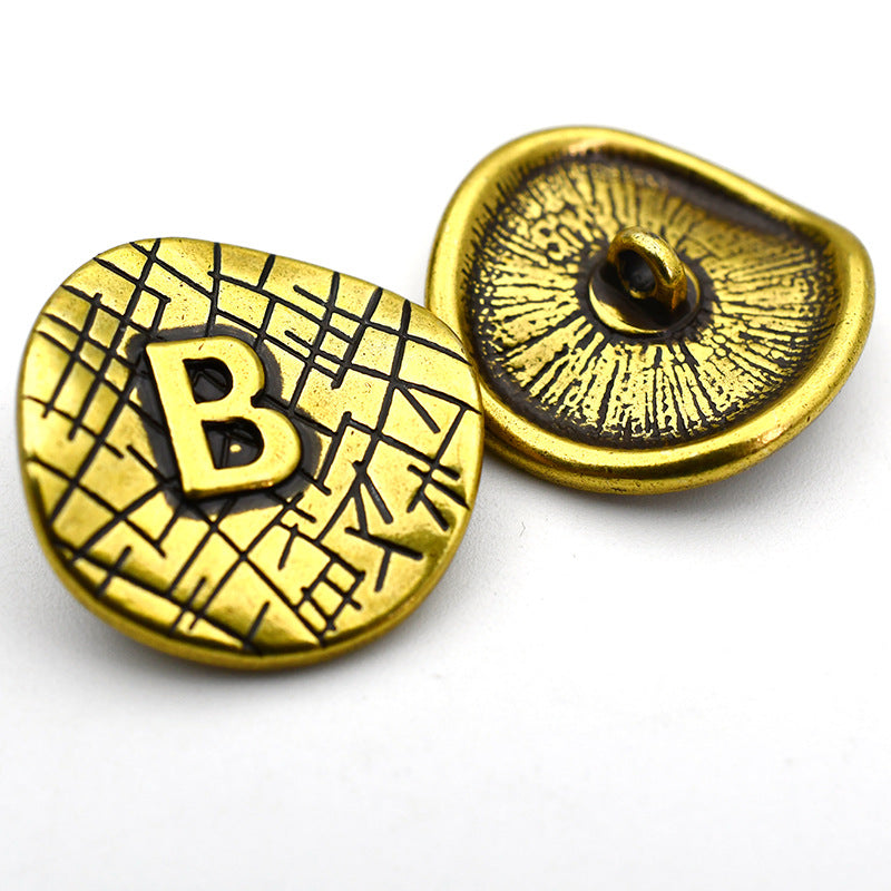 Bronze letter B button face with grid pattern and matching curved back, 23mm