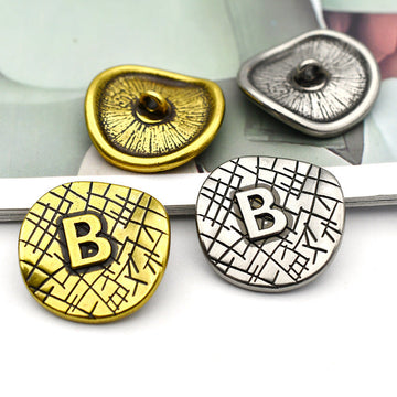 Bronze letter B curved metal shank button, grid pattern, 23mm, antique finish