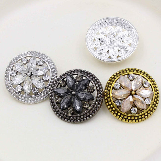 Round crystal flower buttons in silver, dark gunmetal and gold tones, with backs