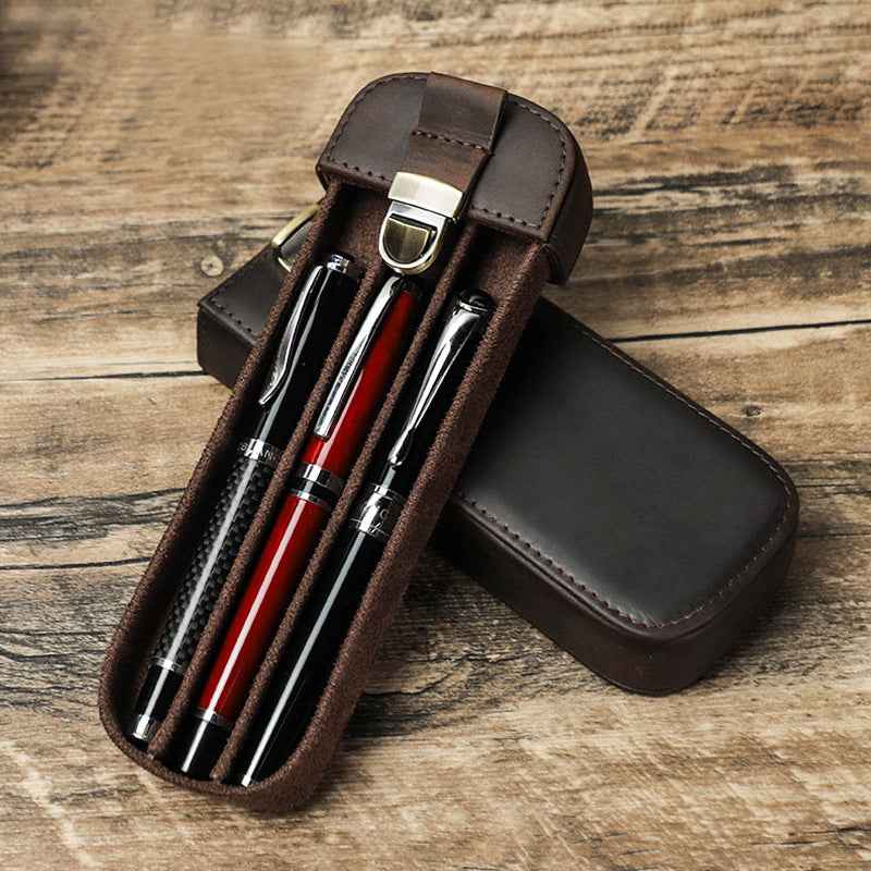 Leather 3-Fountain Pen Case Handmade Slide-Out Box with Clasp Closure