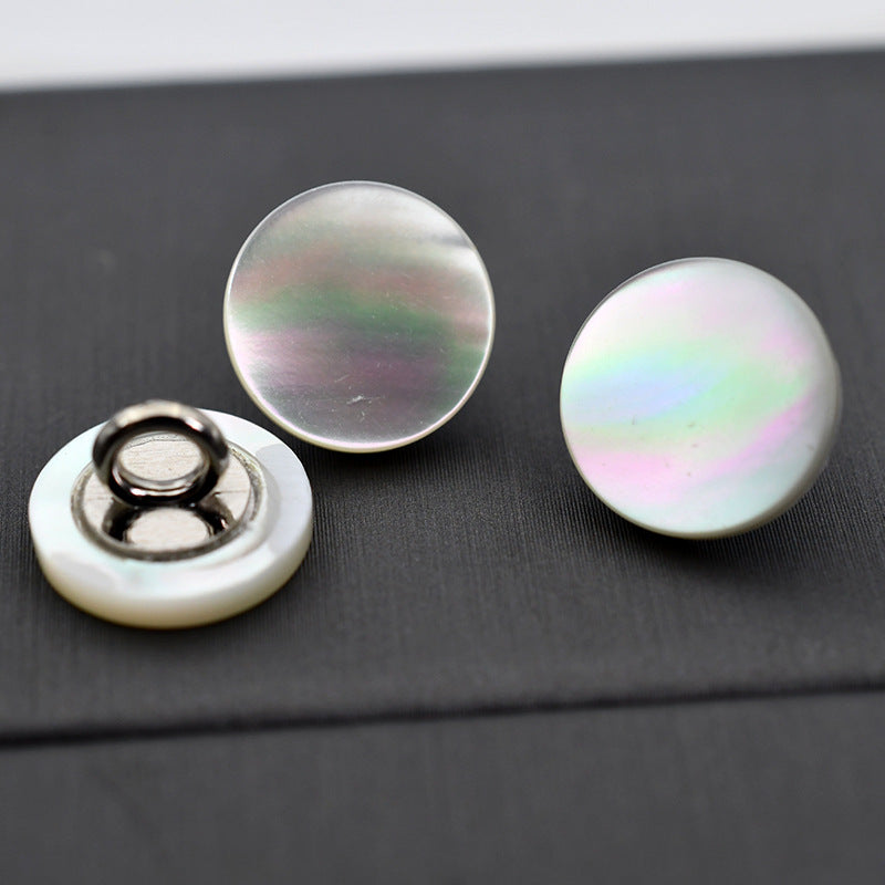 Pastel iridescent mother-of-pearl shell round buttons with metal shank and white backing