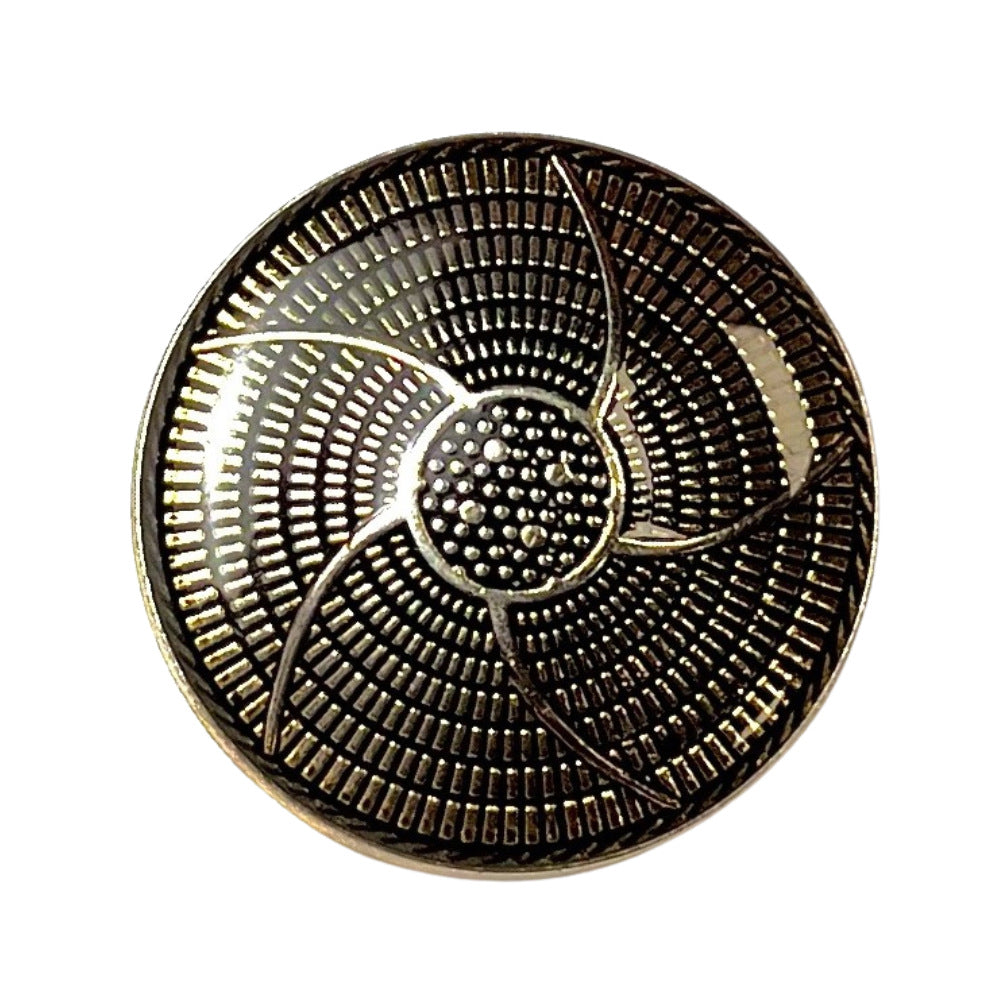 Vintage spiral metal shank button, black-and-gold concentric lines with central rivet