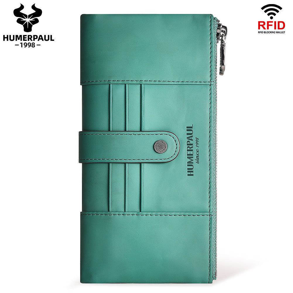Women's Genuine Leather Long Wallet — RFID Blocking Clutch Green