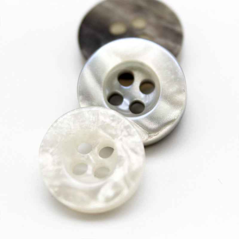 Glitter transparent resin buttons, wide edge, 4-hole; silver-grey and white pair