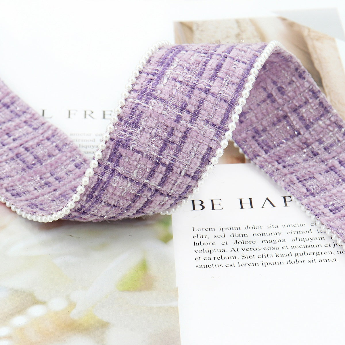 Lavender checkered flannel ribbon with white bead edge, 38mm wide