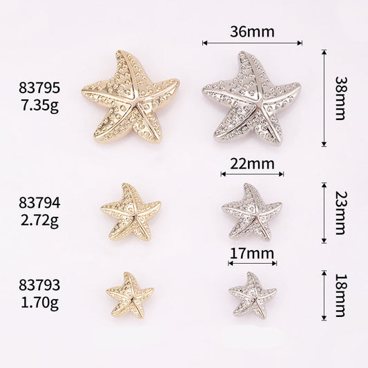 Puffy starfish metal shank buttons in light gold and nickel silver with sizes