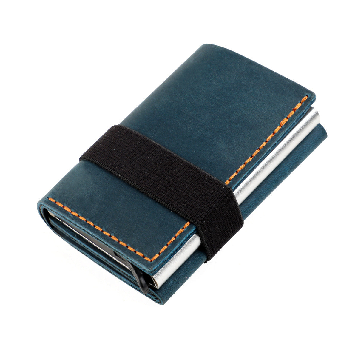 Leather RFID Blocking Card Holder Wallet Pop-Up Aluminum Case Blue