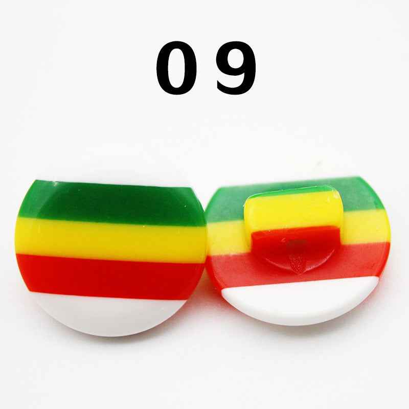 Rainbow striped resin shirt button, round, green/yellow with red center stripe; Color 9