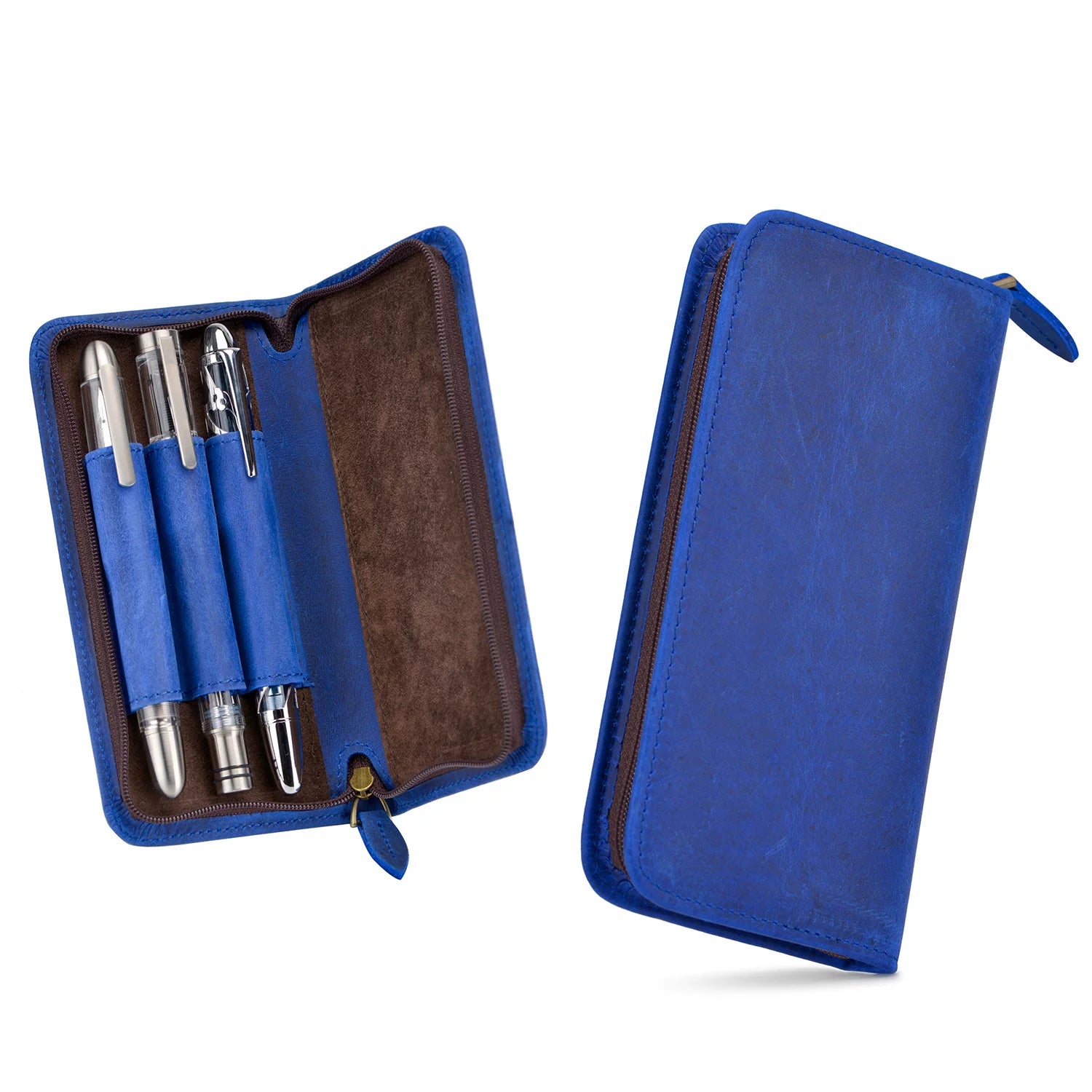 Asvine 3-Pen Crazy Horse Leather Zipper Fountain Pen Case Dark Blue