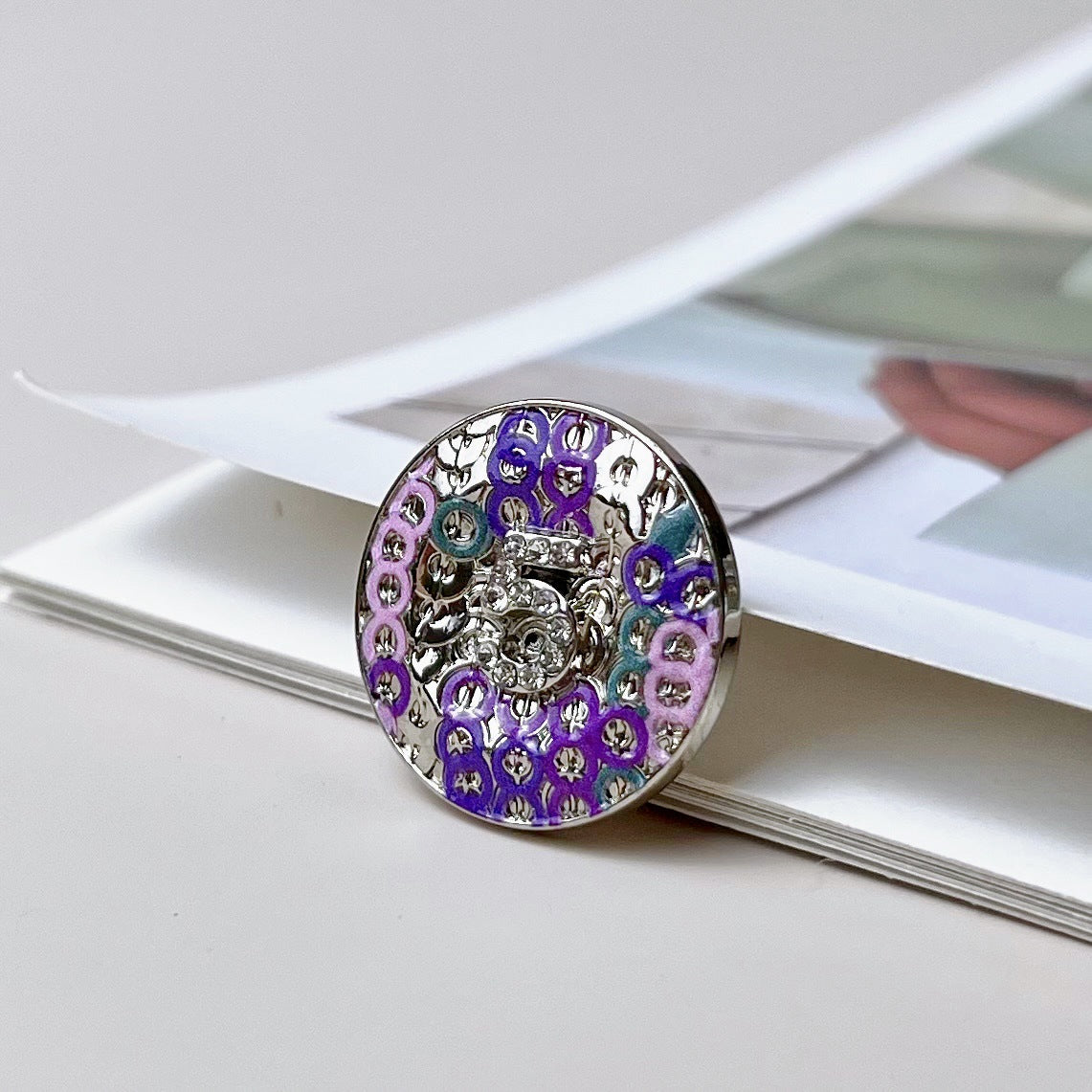 Metal button with enamel number 5 design, purple pattern, silver rim, flat back